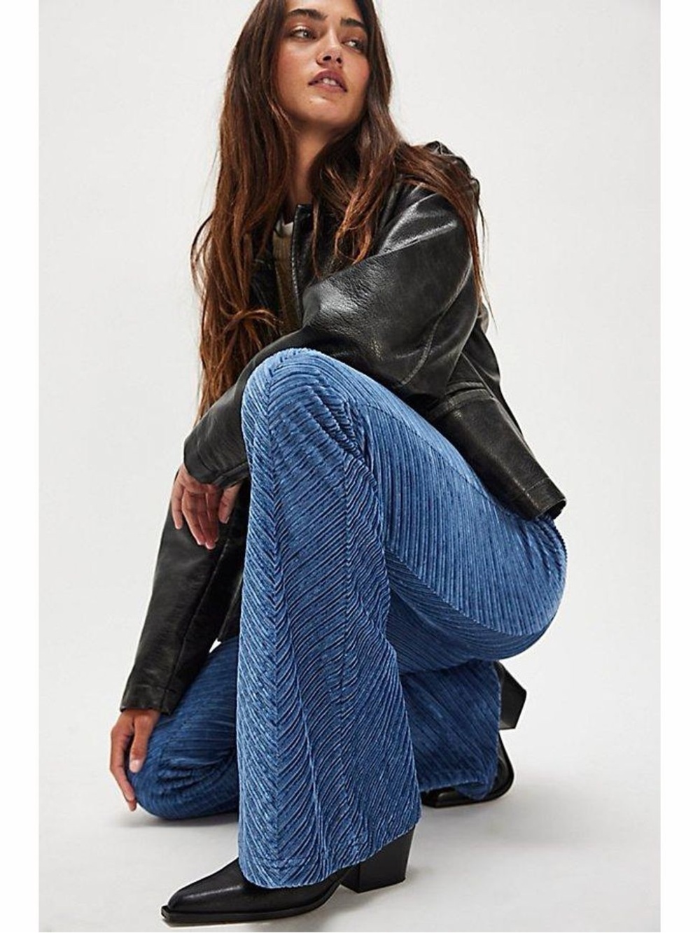 Free People | Start Me Up | Blue Ribbed Velvet Stretch Flare Bell Pants | XS